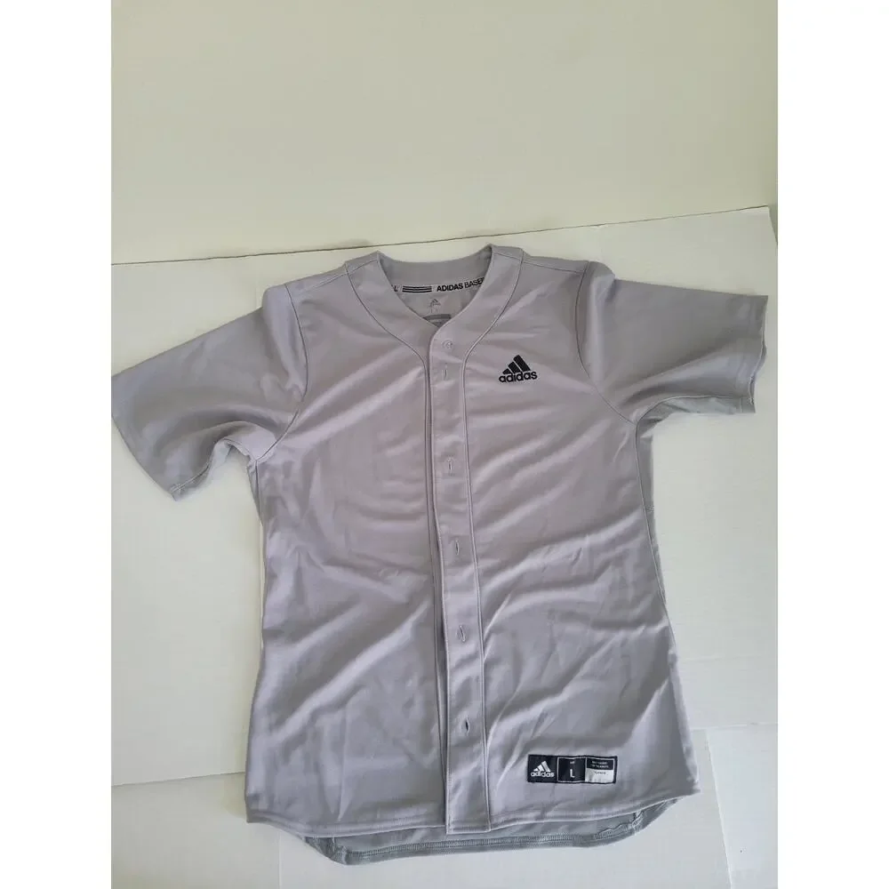 Adidas Baseball Men's Shirt Gray Size L Short Sleeve‎ Button Up Logo Polyester